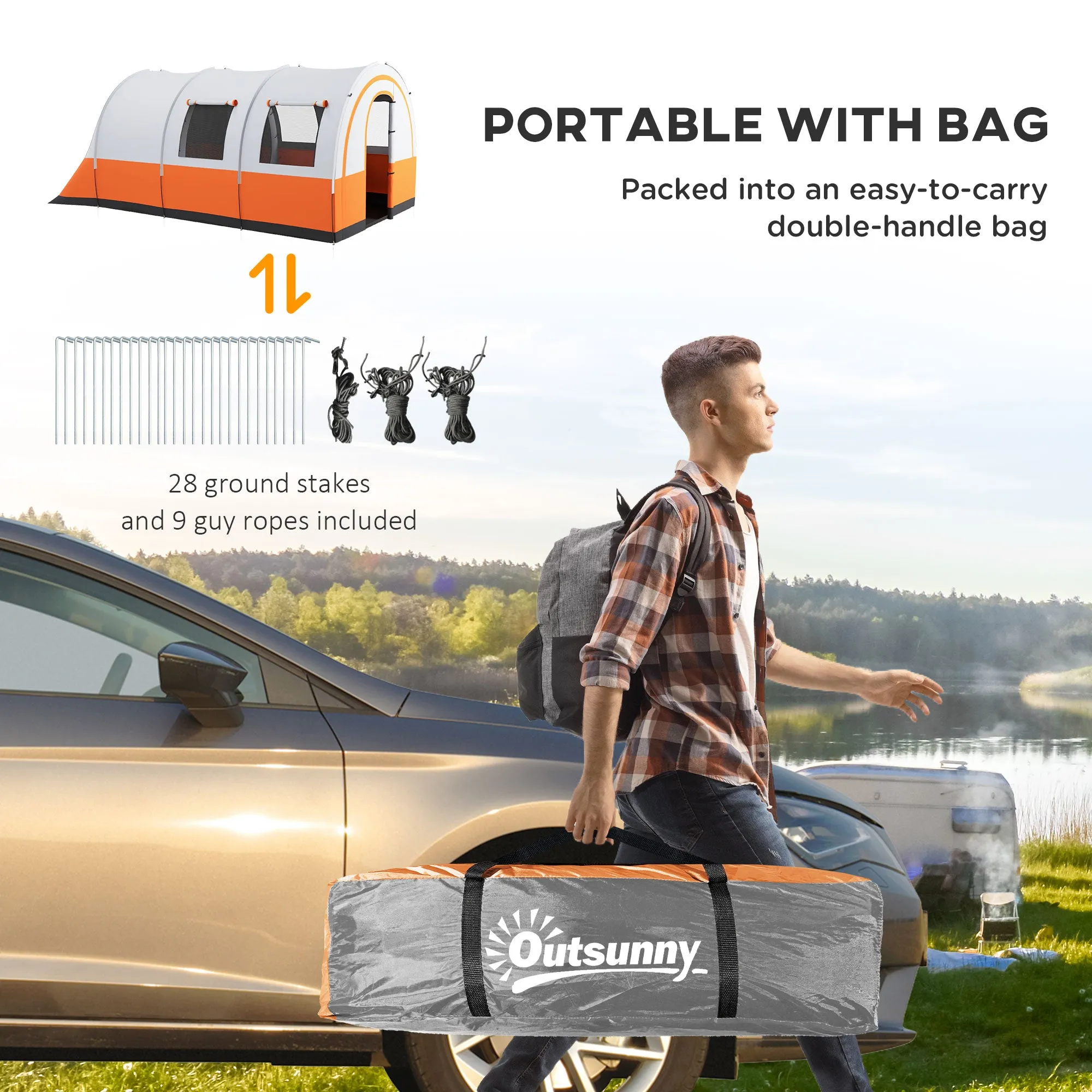 3000mm Waterproof Camping Tent, 5-6 Man Family Tent with Living and Bedroom, Carry Bag Included, Cream and Orange