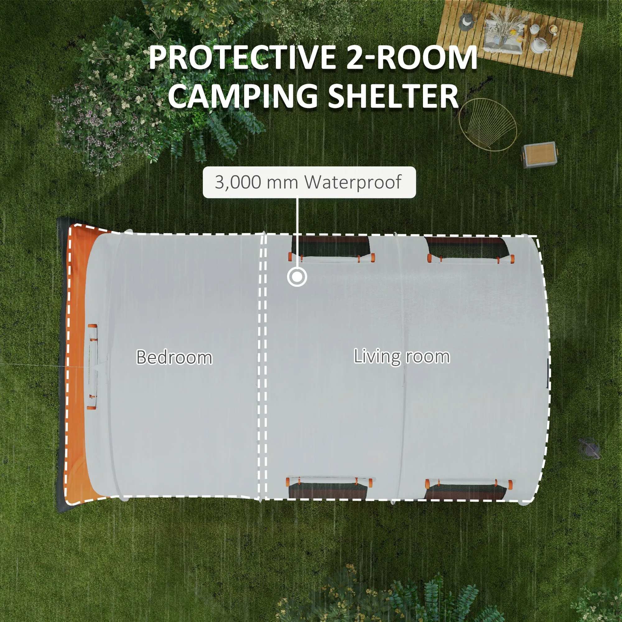 3000mm Waterproof Camping Tent, 5-6 Man Family Tent with Living and Bedroom, Carry Bag Included, Cream and Orange