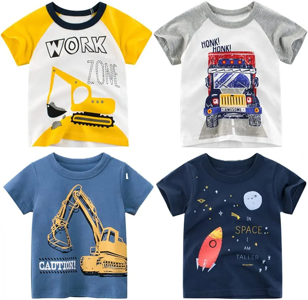 4-Pack Toddler Boys Dinosaur Shark Excavator Truck T-Shirts Graphic Short Sleeve Tees