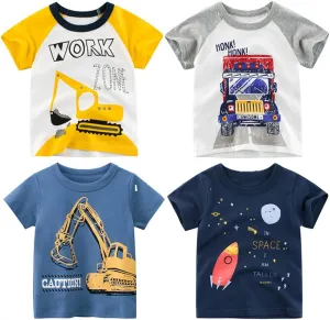 4-Pack Toddler Boys Dinosaur Shark Excavator Truck T-Shirts Graphic Short Sleeve Tees