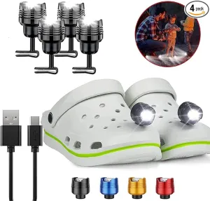 4 Pcs Rechargable Headlights for Crock, Outdoor Waterproof LED Flashlight for Shoes, Clip on Crock Light Attachment Charm, Accessories for Camping, Cycling, Walking, 3 Light Modes, Last 72 Hours