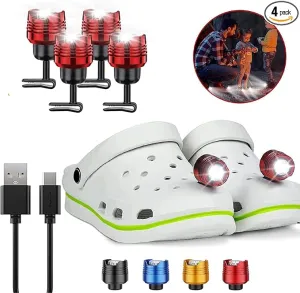 4 Pcs Rechargable Metal Red Headlights for Shoes, Outdoor Waterproof LED Flashlight, Clip on Crock Light Attachment Charm, Accessories for Camping, Cycling, Walking, 3 Light Modes, Last 72 Hour