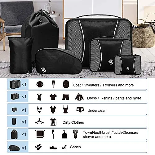 6 Set Packing Cubes, Travel Luggage Packing Organizers with Shoes Bag & Laundry Bag (Black)