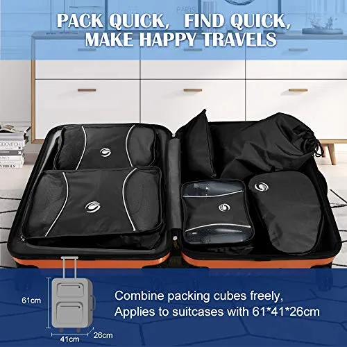 6 Set Packing Cubes, Travel Luggage Packing Organizers with Shoes Bag & Laundry Bag (Black)