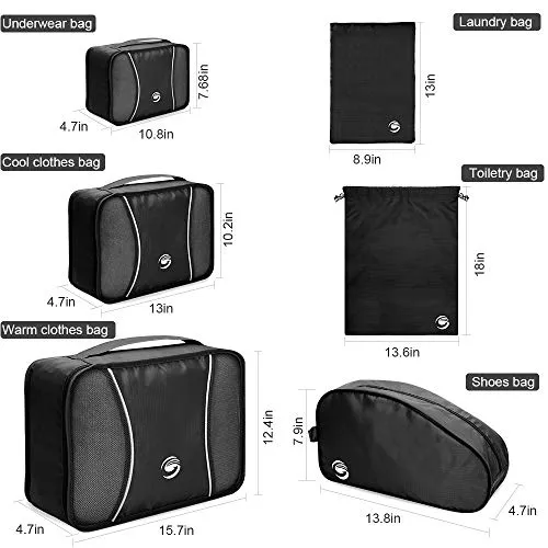 6 Set Packing Cubes, Travel Luggage Packing Organizers with Shoes Bag & Laundry Bag (Black)