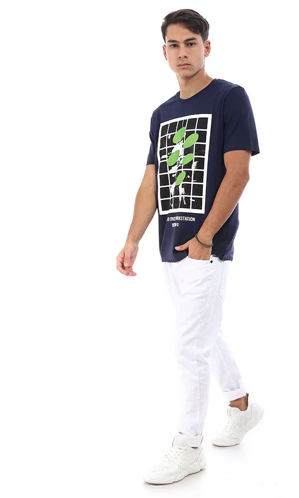 95229 "Outer Space Workstation Diction" Printed Half Sleeves T-Shirt - Navy Blue