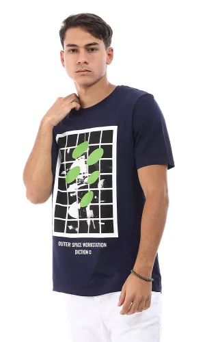 95229 "Outer Space Workstation Diction" Printed Half Sleeves T-Shirt - Navy Blue