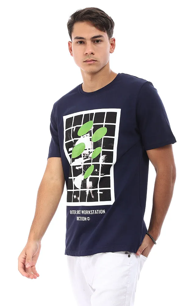 95229 "Outer Space Workstation Diction" Printed Half Sleeves T-Shirt - Navy Blue
