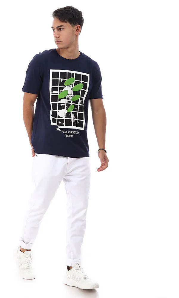 95229 "Outer Space Workstation Diction" Printed Half Sleeves T-Shirt - Navy Blue