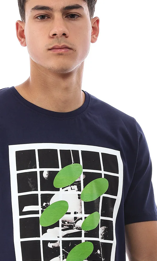 95229 "Outer Space Workstation Diction" Printed Half Sleeves T-Shirt - Navy Blue