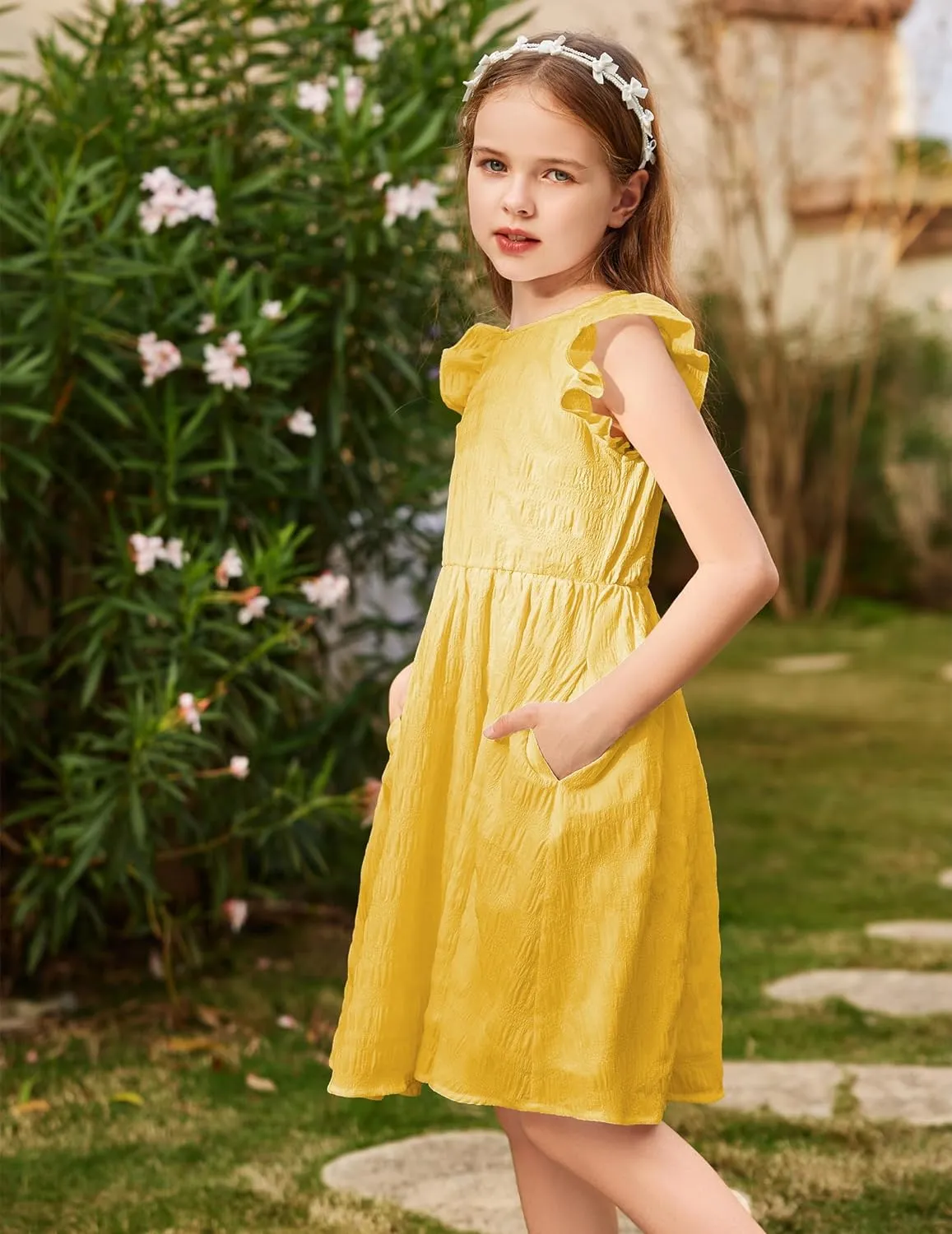 Arshiner Girls Dress Casual Ruffle Sleeveless A Line Summer Dresses