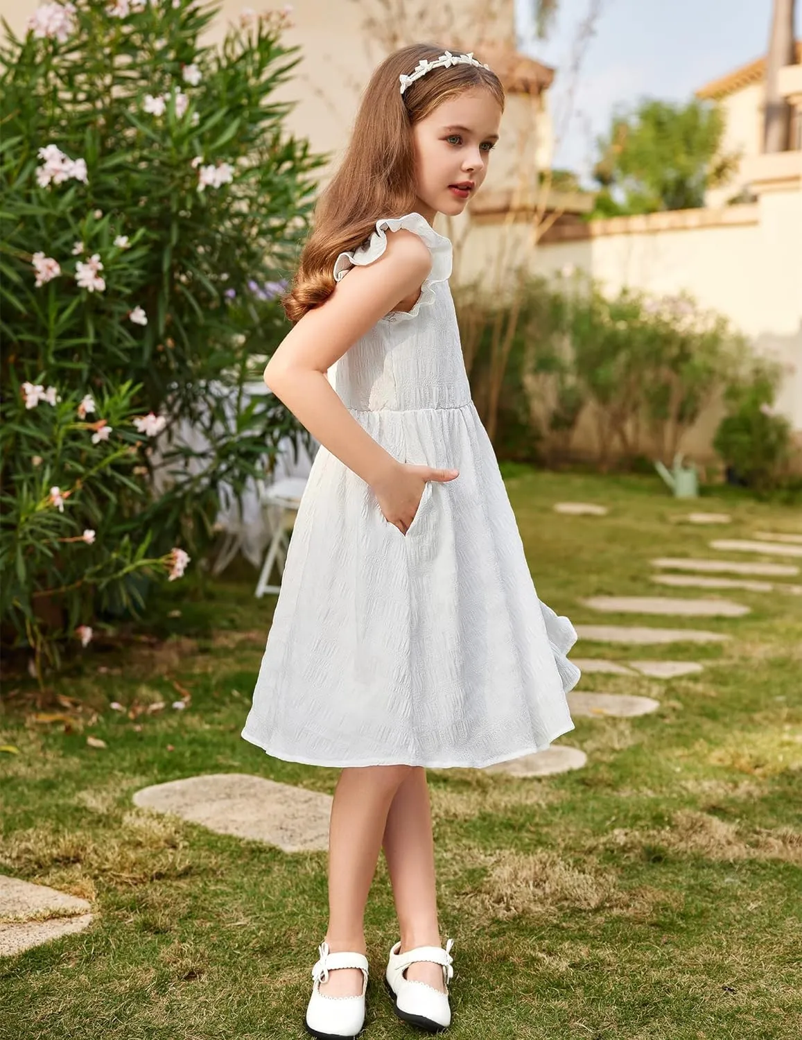 Arshiner Girls Dress Casual Ruffle Sleeveless A Line Summer Dresses