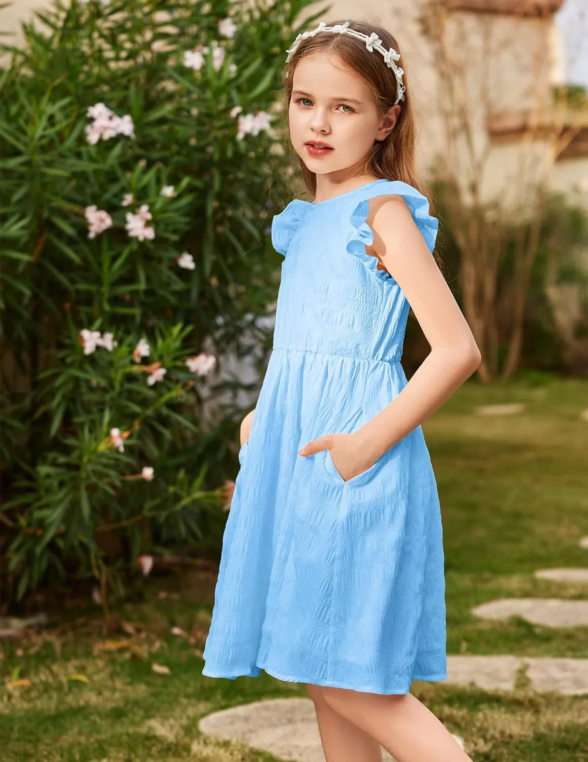 Arshiner Girls Dress Casual Ruffle Sleeveless A Line Summer Dresses