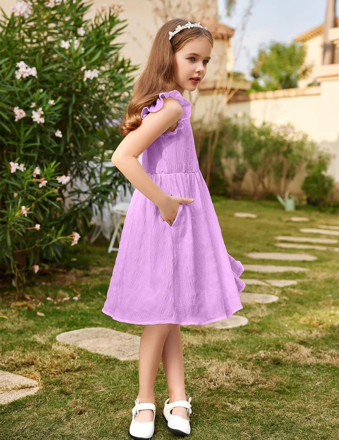 Arshiner Girls Dress Casual Ruffle Sleeveless A Line Summer Dresses