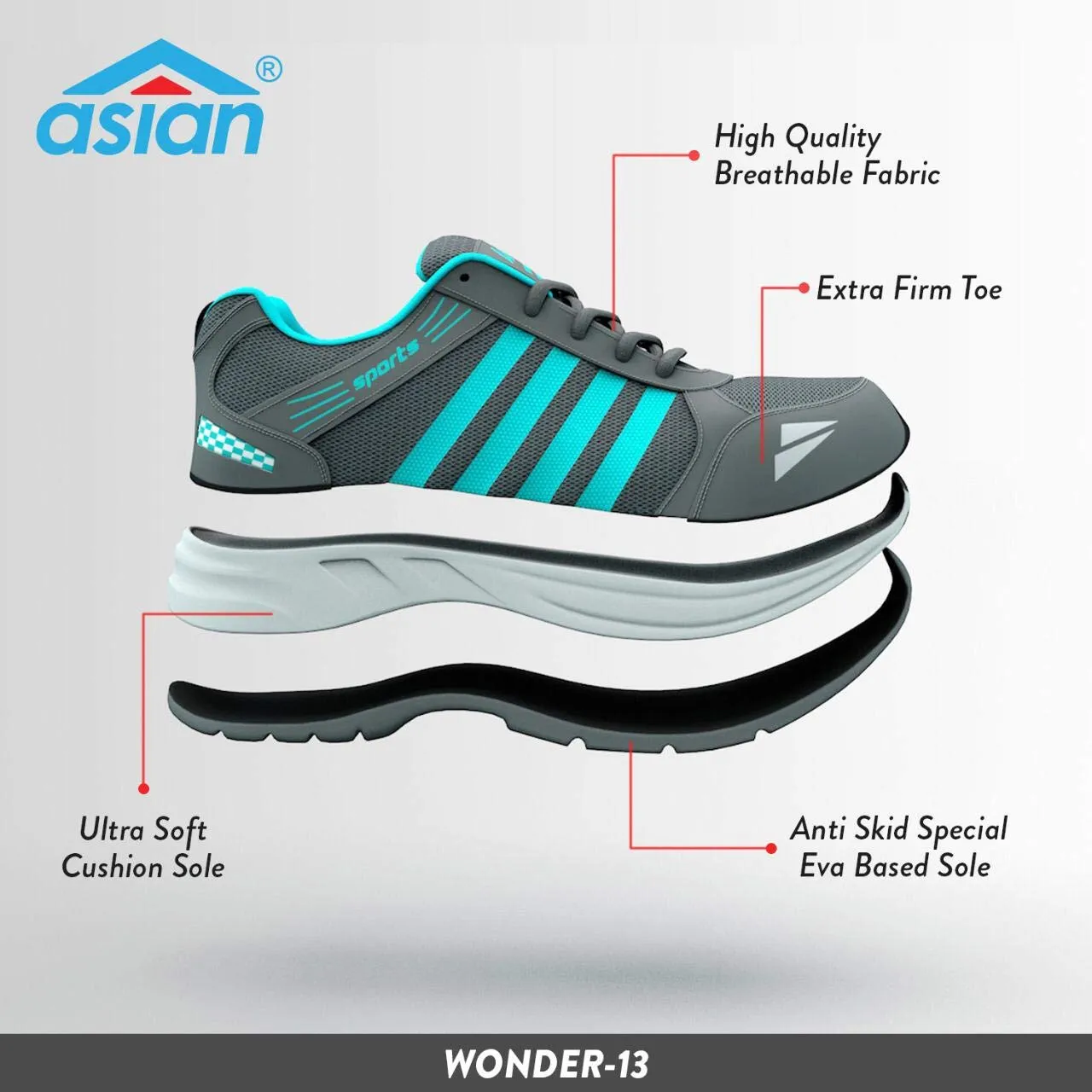 ASIAN Men's Wonder-13 Firozi Mesh Sports Running Shoes (Green) 11 UK