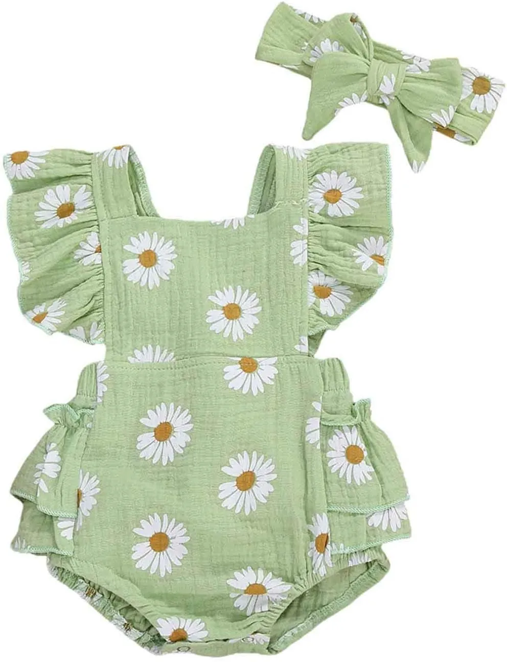 Baby Girls Daisy Playsuits Ruffled Bodysuit Headband Print Fly Sleeve Romper Floral Jumpsuit Infant Summer Clothes