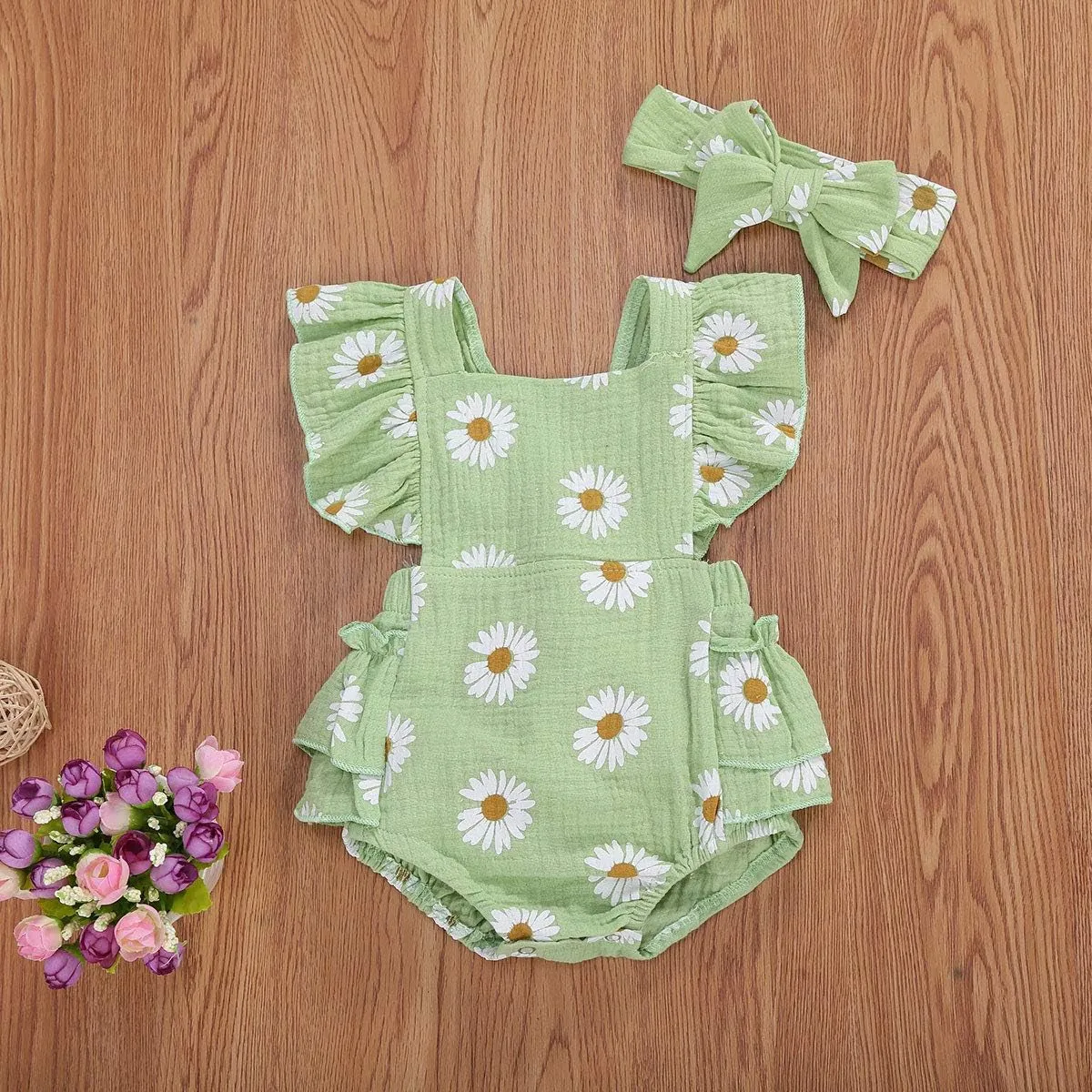 Baby Girls Daisy Playsuits Ruffled Bodysuit Headband Print Fly Sleeve Romper Floral Jumpsuit Infant Summer Clothes