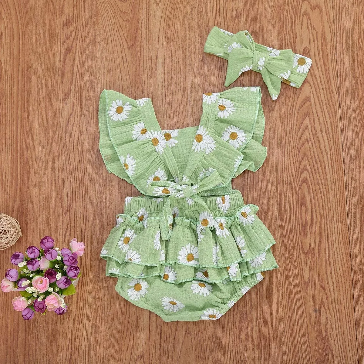 Baby Girls Daisy Playsuits Ruffled Bodysuit Headband Print Fly Sleeve Romper Floral Jumpsuit Infant Summer Clothes