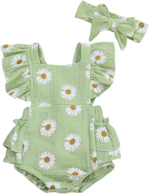 Baby Girls Daisy Playsuits Ruffled Bodysuit Headband Print Fly Sleeve Romper Floral Jumpsuit Infant Summer Clothes