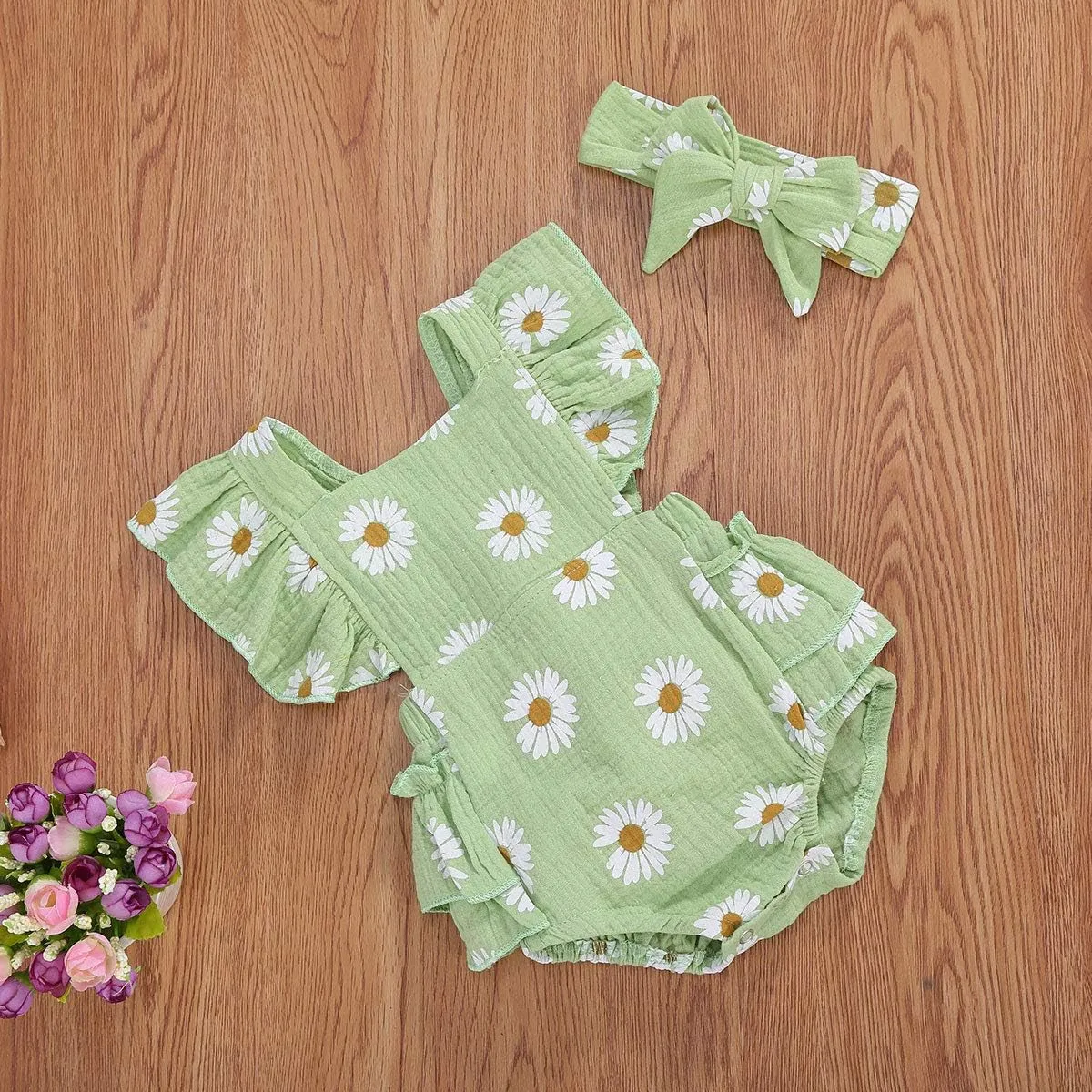 Baby Girls Daisy Playsuits Ruffled Bodysuit Headband Print Fly Sleeve Romper Floral Jumpsuit Infant Summer Clothes
