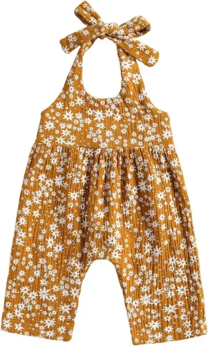 Baby Girls Daisy Print Halter Romper with Bodysuit, Headband, and Floral Jumpsuit - Infant Summer Clothes