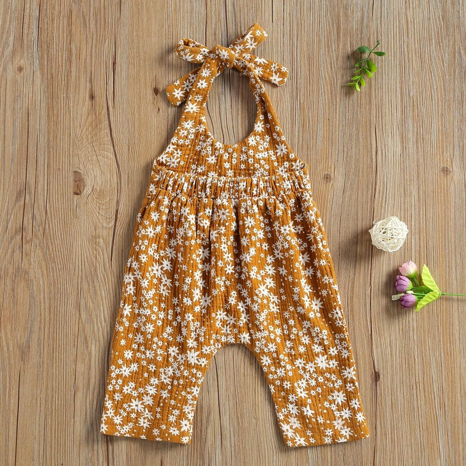 Baby Girls Daisy Print Halter Romper with Bodysuit, Headband, and Floral Jumpsuit - Infant Summer Clothes
