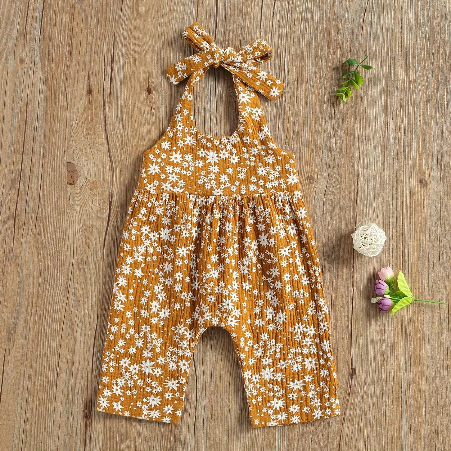 Baby Girls Daisy Print Halter Romper with Bodysuit, Headband, and Floral Jumpsuit - Infant Summer Clothes