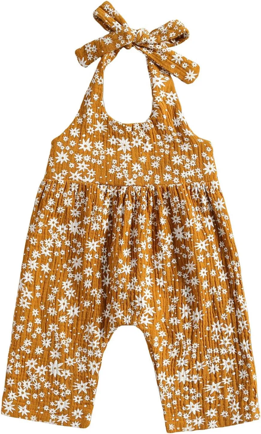 Baby Girls Daisy Print Halter Romper with Bodysuit, Headband, and Floral Jumpsuit - Infant Summer Clothes