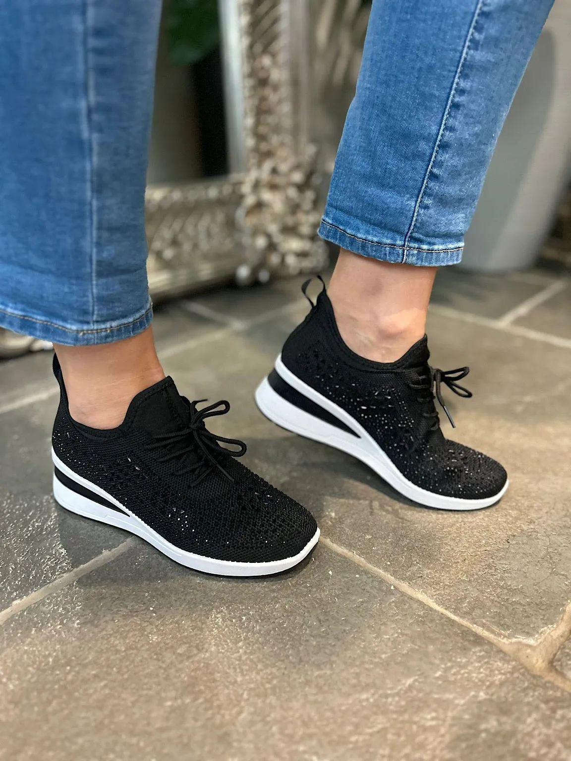 Black Embellished Wedge Trainer