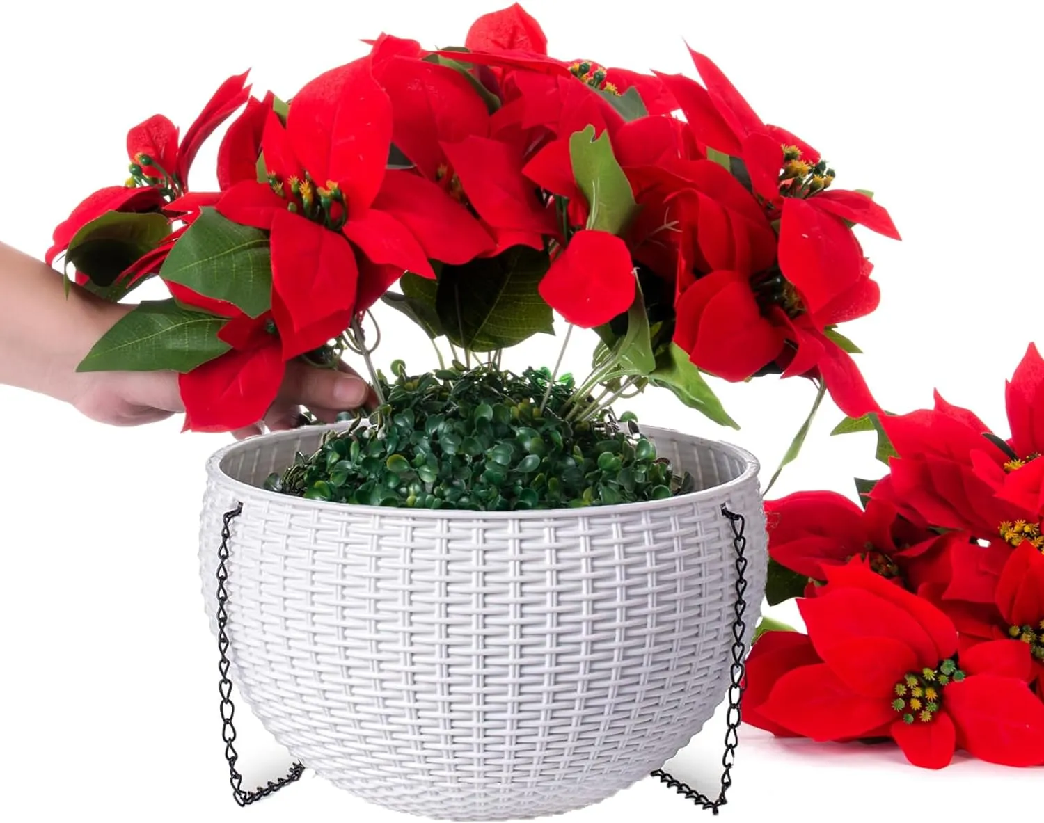Bulk Christmas Artificial Poinsettia Flowers Hanging Basket for Outdoors and Indoors Wholesale