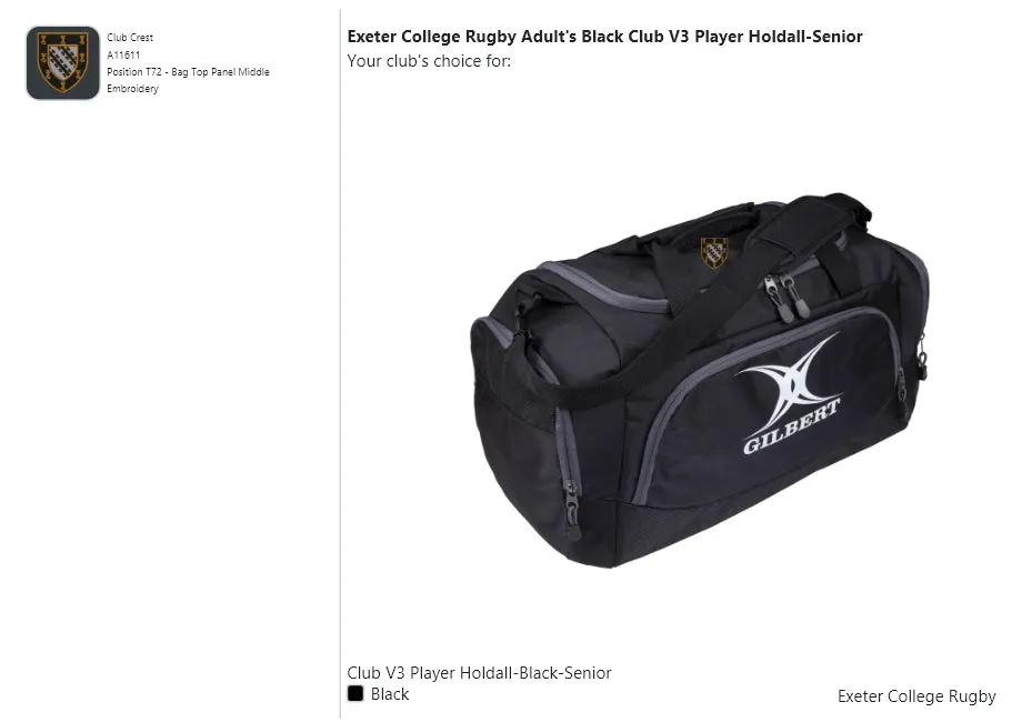 Exeter College Rugby Adult's Black Club V3 Player Holdall-Senior