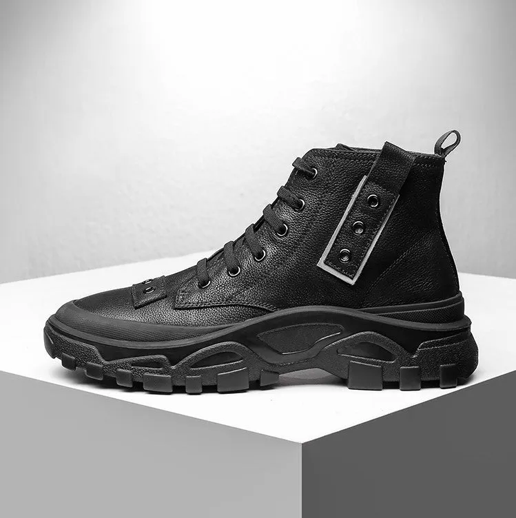 FAMAN HIGH TOP LEATHER CHUNKY TRAINERS IN BLACK