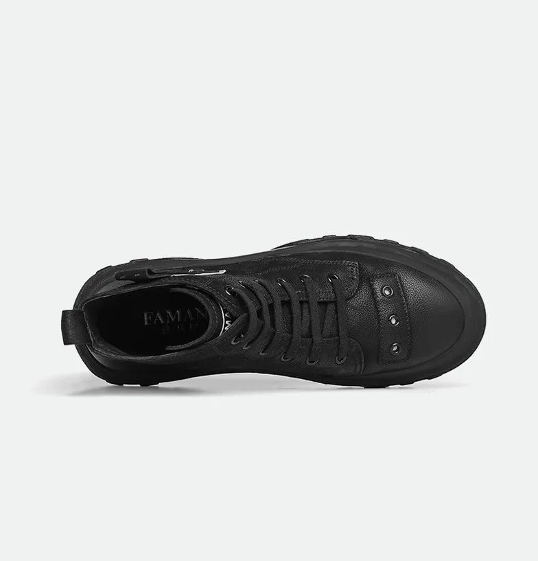 FAMAN HIGH TOP LEATHER CHUNKY TRAINERS IN BLACK