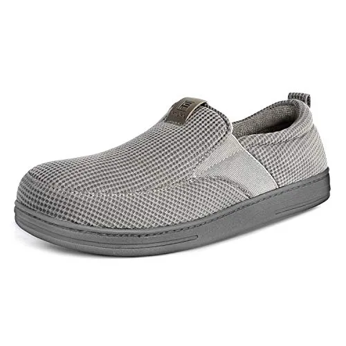 FamilyFairy Men's Comfy Cotton Knitted Slippers Breathable Memory Foam House Shoes with Fleece Lining and Rubber Sole (Large / 11-12, Gray)