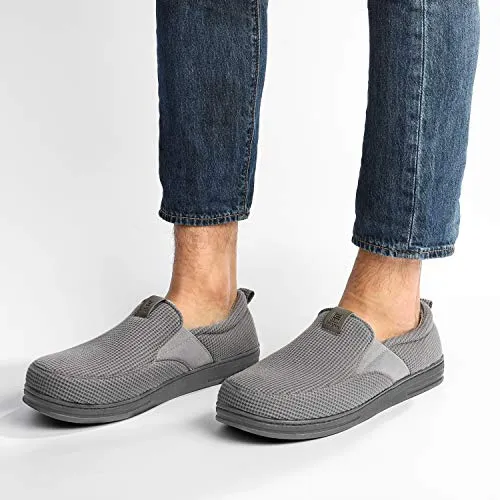 FamilyFairy Men's Comfy Cotton Knitted Slippers Breathable Memory Foam House Shoes with Fleece Lining and Rubber Sole (Large / 11-12, Gray)