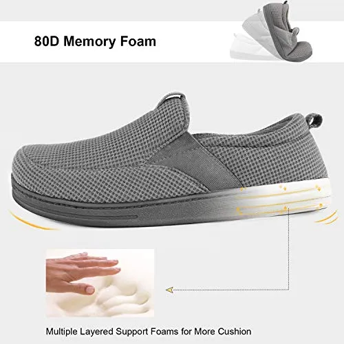 FamilyFairy Men's Comfy Cotton Knitted Slippers Breathable Memory Foam House Shoes with Fleece Lining and Rubber Sole (Large / 11-12, Gray)