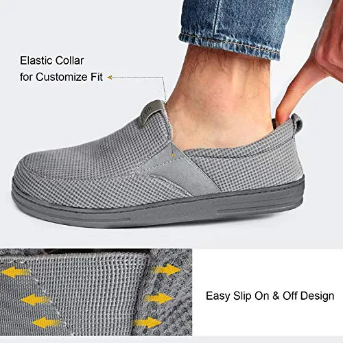 FamilyFairy Men's Comfy Cotton Knitted Slippers Breathable Memory Foam House Shoes with Fleece Lining and Rubber Sole (Large / 11-12, Gray)