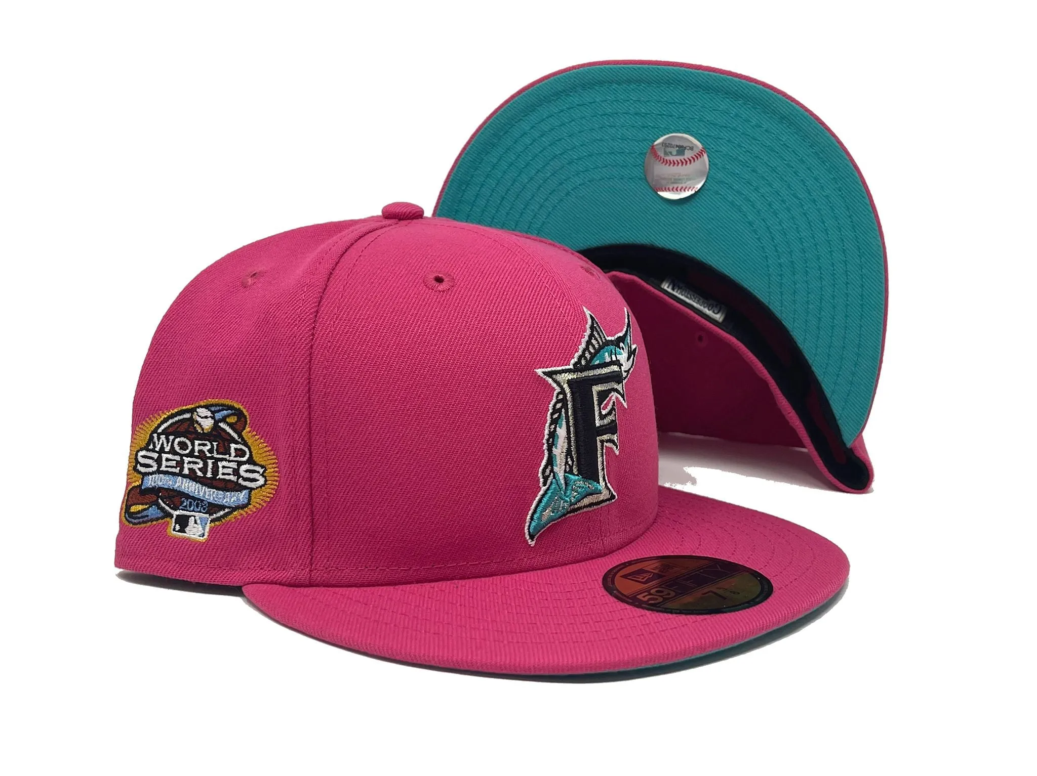 FLORIDA MARLIN 2003 WORLD SERIES "BUBBLE GUM" TEAL BRIM NEW ERA FITTED HAT