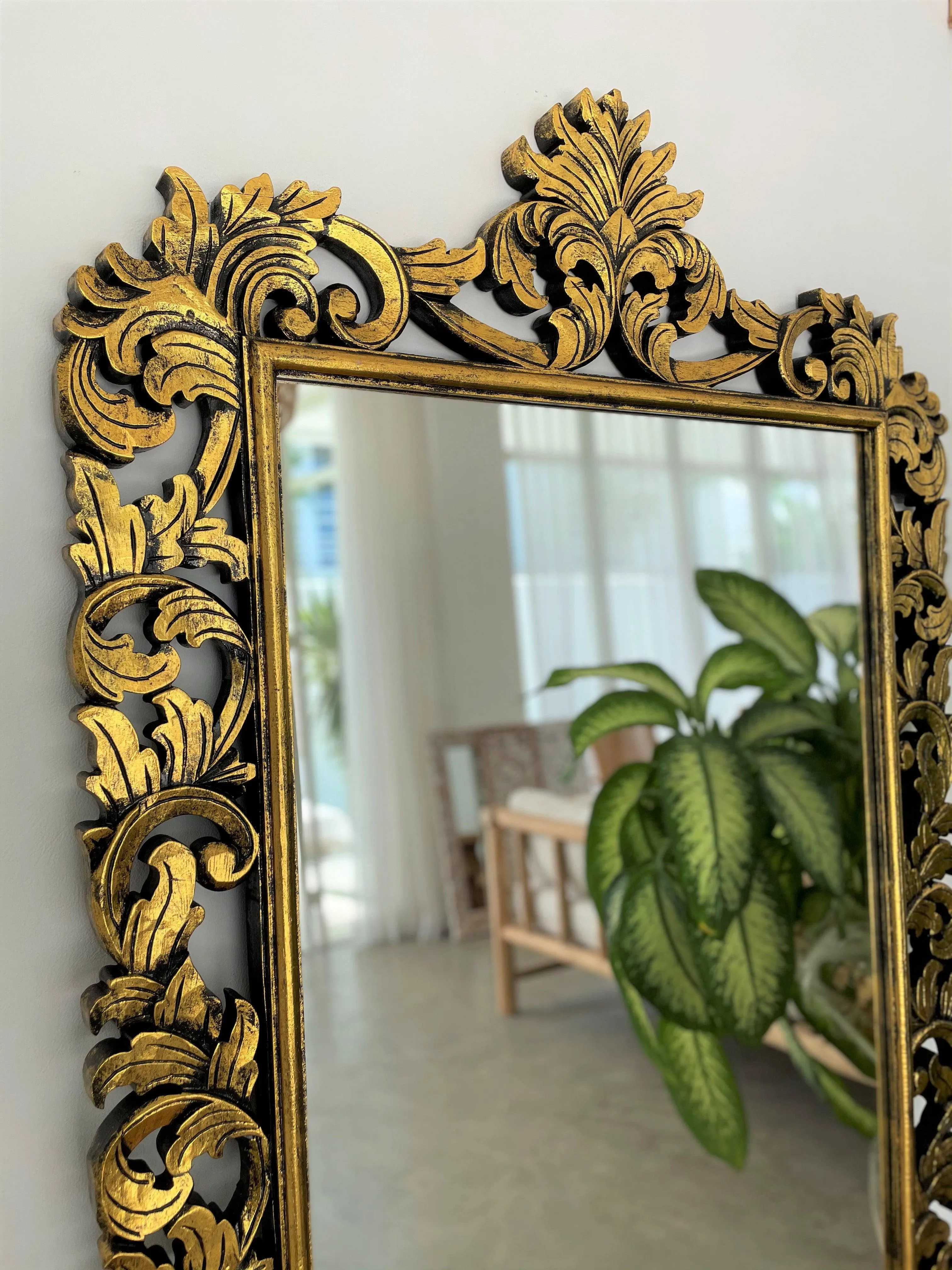 Hand Carved Mirror "Uluwatu" Gold Wash - 180 cm