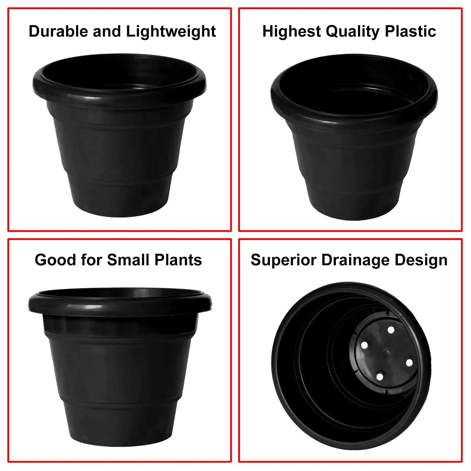 Heart Home Solid 2 Layered Plastic Flower Pot|Gamla for Home Decor,Nursery,Balcony,Garden,6"x5",Pack of 8 (Black)