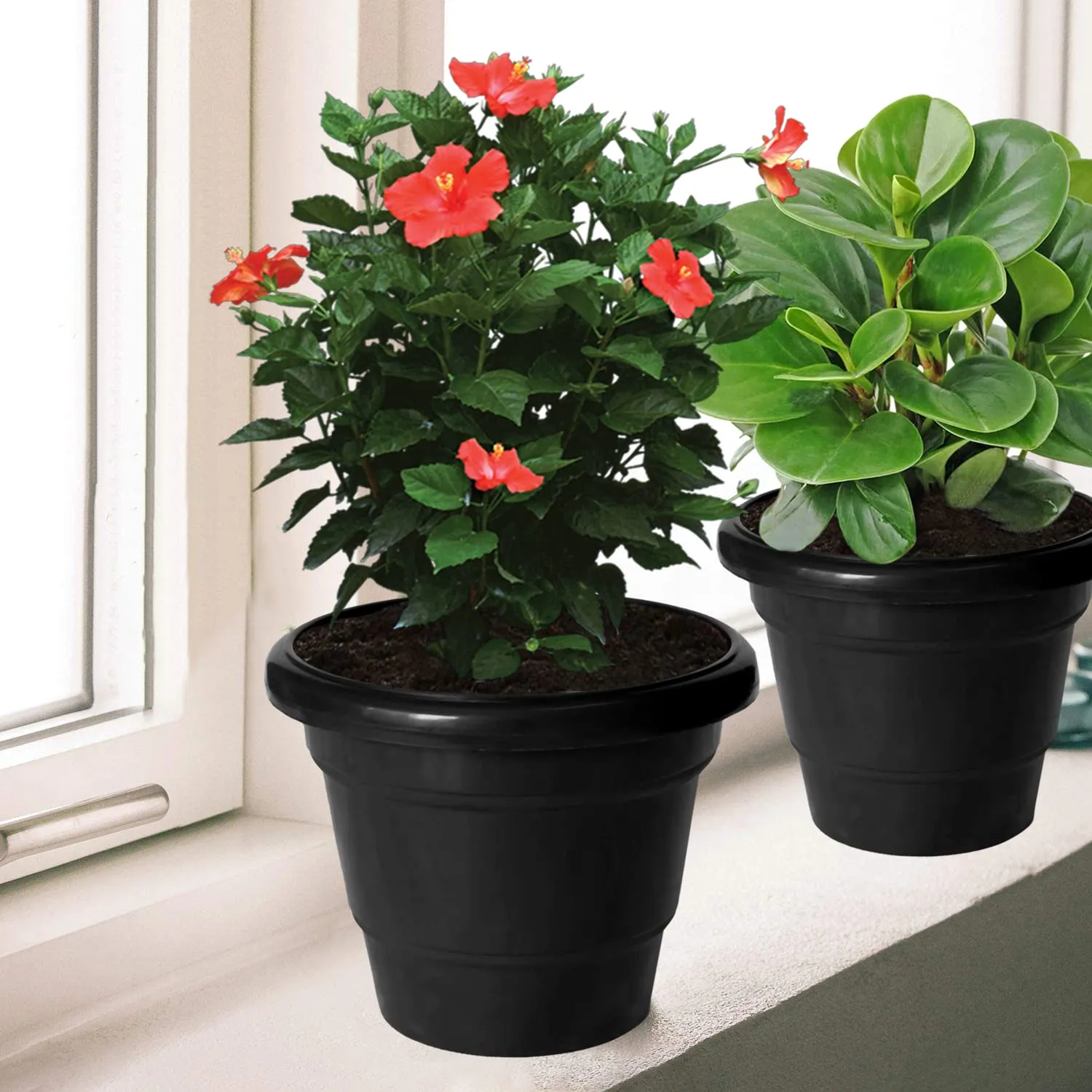 Heart Home Solid 2 Layered Plastic Flower Pot|Gamla for Home Decor,Nursery,Balcony,Garden,6"x5",Pack of 8 (Black)