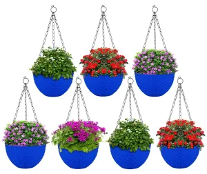 Kuber Industries Plastic Hanging Flower Pot for Balcony & Railing Set of 7 (Blue)-18x18x59 cm