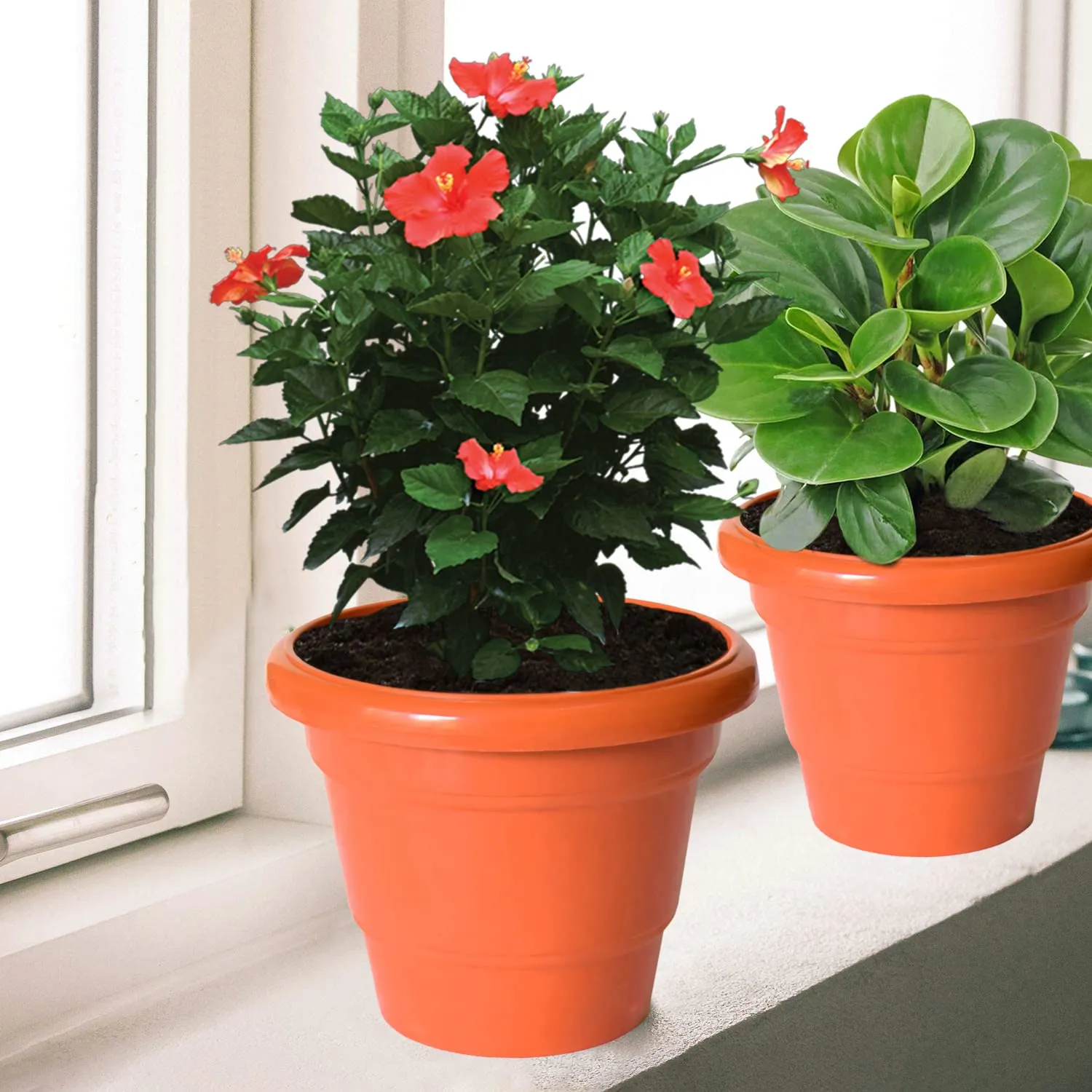 Kuber Industries Solid 2 Layered Plastic Flower Pot|Gamla for Home Decor,Nursery,Balcony,Garden,8"x 6",Pack of 4 (Orange)