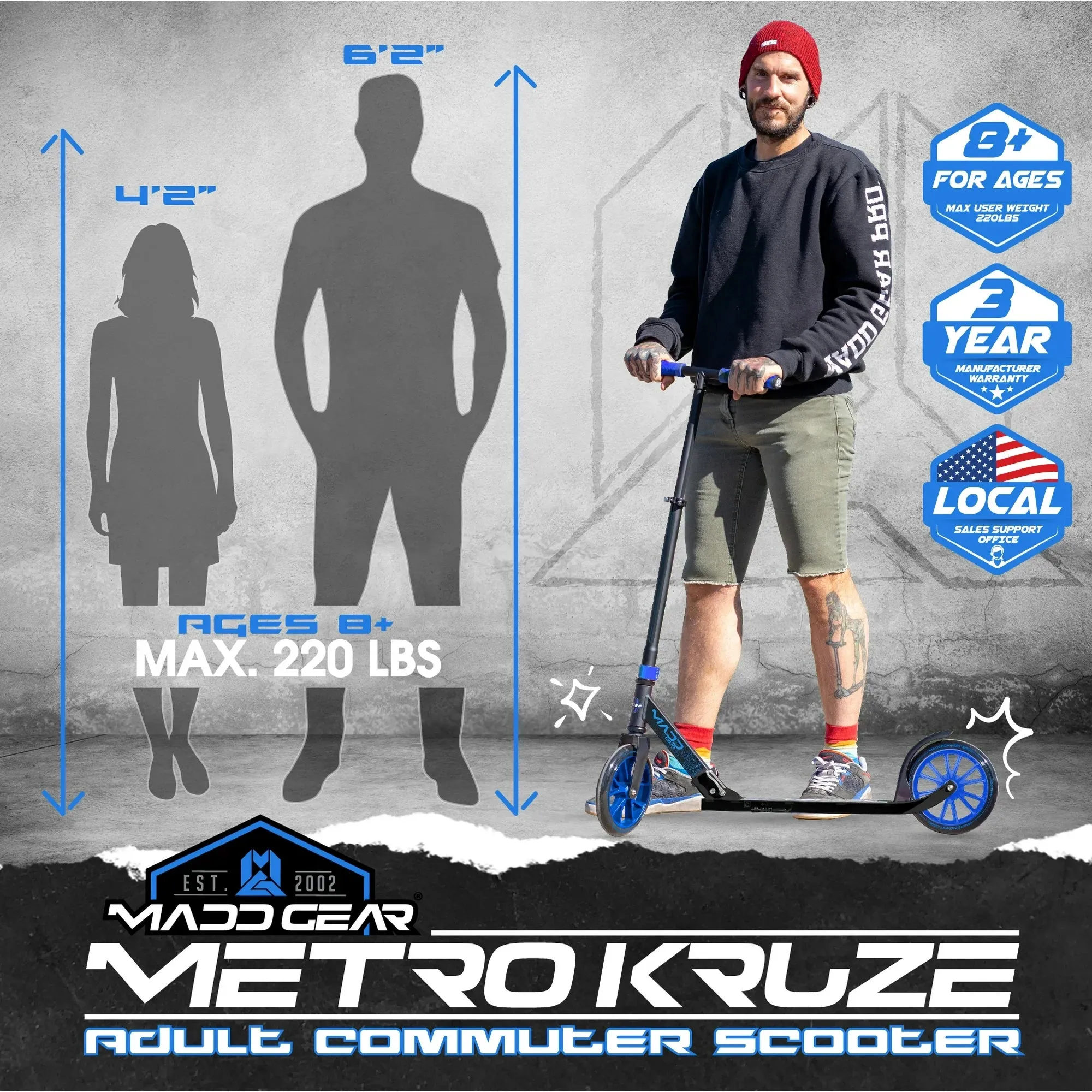 Madd Gear 426-108 Kruzer 200mm Commuter Scooter Easy Folding for Teens & Adults, Blue