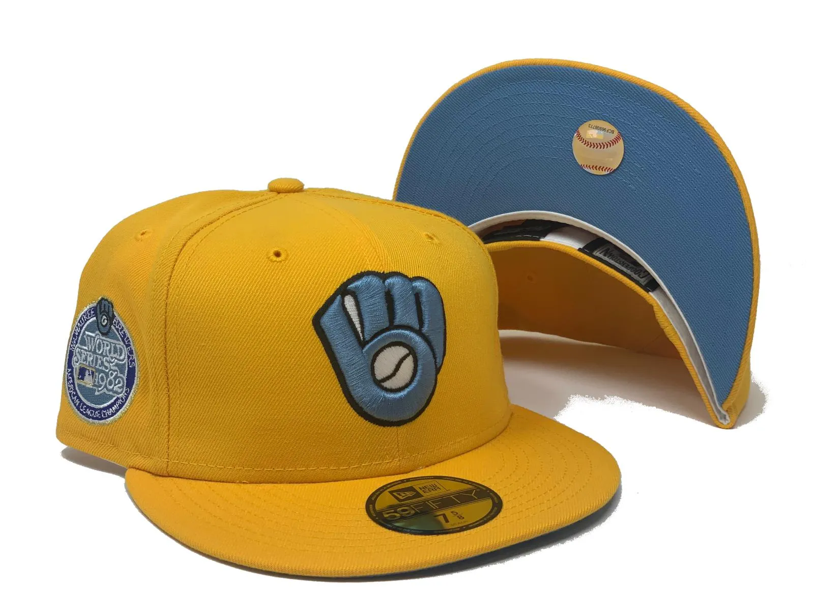 MILWAUKEE BREWERS 1982 WORLD SERIES TAXI YELLOW ICY BRIM NEW ERA FITTED HAT