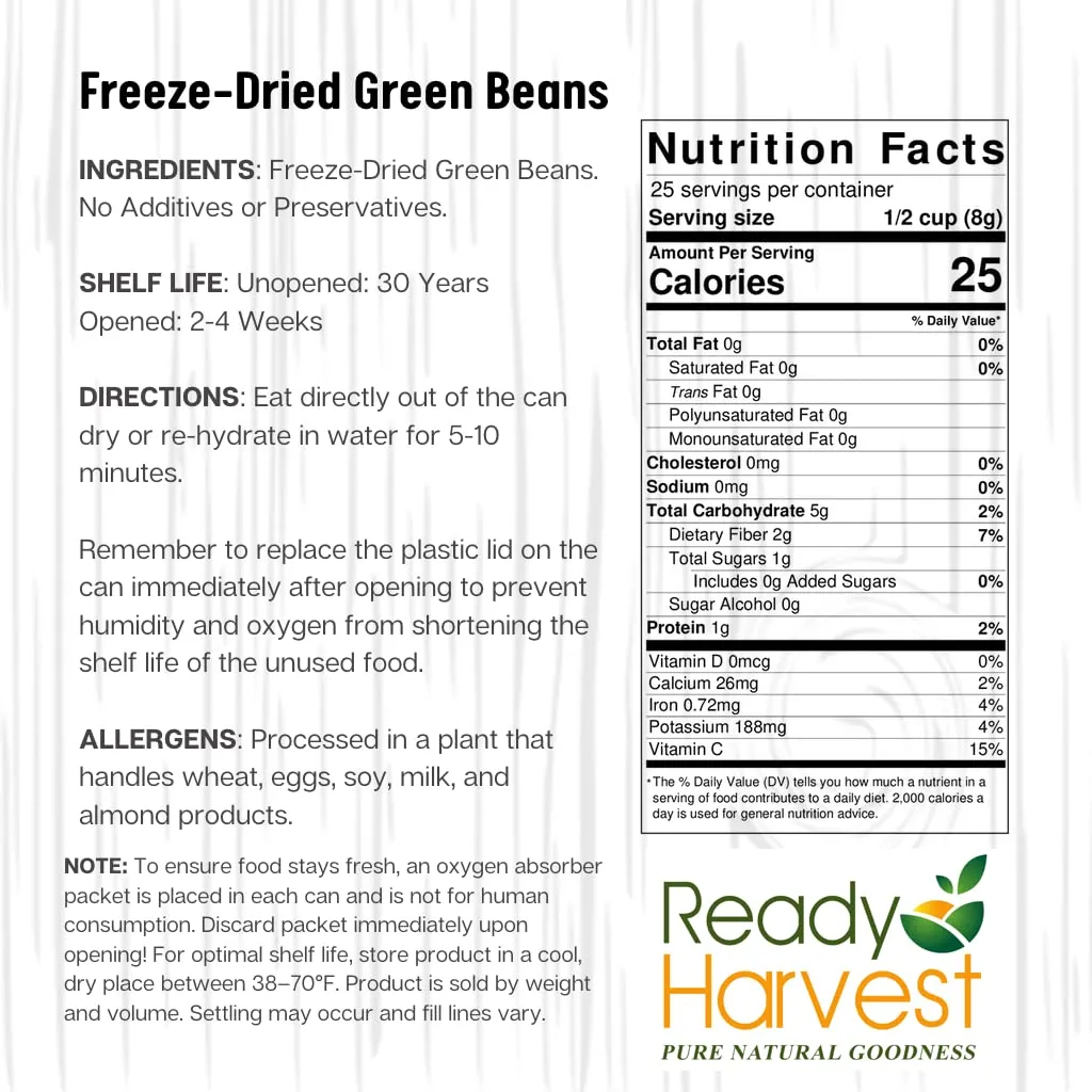 Ready Harvest Freeze-Dried Green Beans - 30 Year Shelf Life - #10 Can
