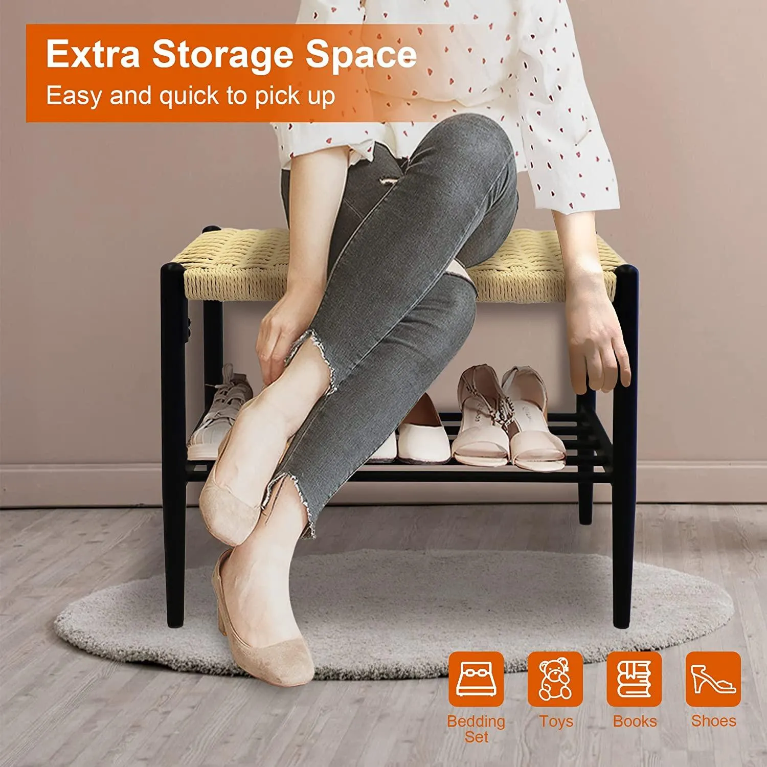 Shoe Storage Organizer Rack with hand-woven Rattan Surface