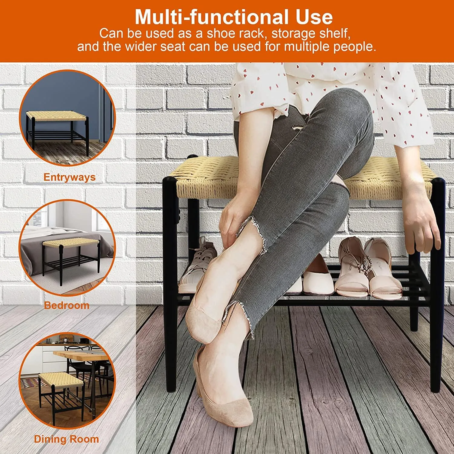 Shoe Storage Organizer Rack with hand-woven Rattan Surface