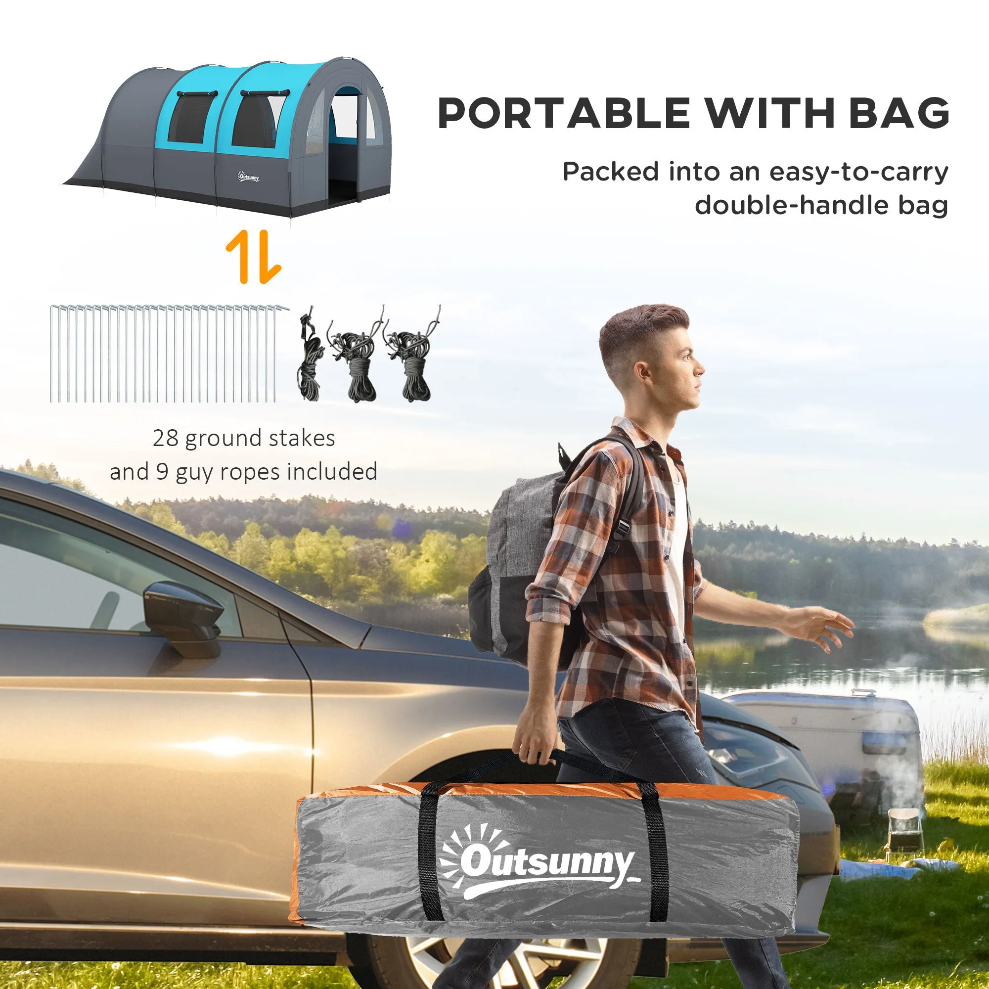 Six Man Duo Room Tunnel Tent, with Accessories - Grey/Blue
