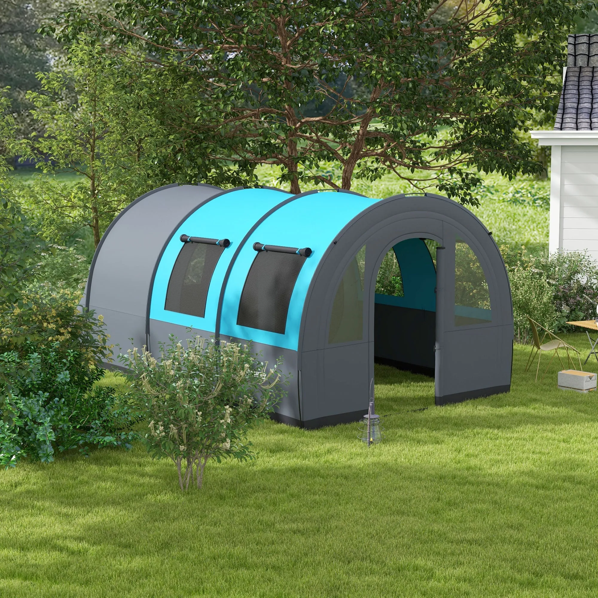Six Man Duo Room Tunnel Tent, with Accessories - Grey/Blue